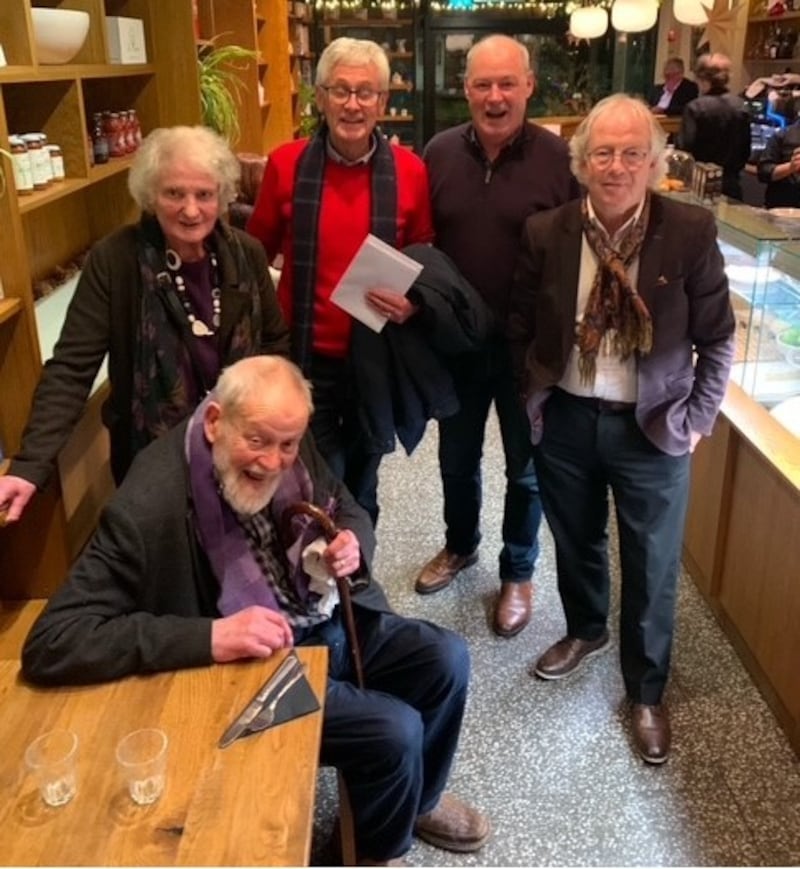 Michael Longley last month in Belfast with his wife Prof Edna Longley, Liam Hannaway, chairman NI Arts Council, John Campbell and Éamonn Mallie.