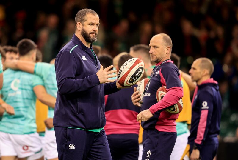  Ireland head coach Andy Farrell during the warm up before the match against Wales on Saturday. Photograph: Dan Sheridan/Inpho