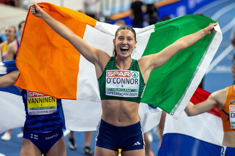 Kate O’Connor celebrates after the final event of the pentathlon on Sunday. Photograph: Morgan Treacy/Inpho