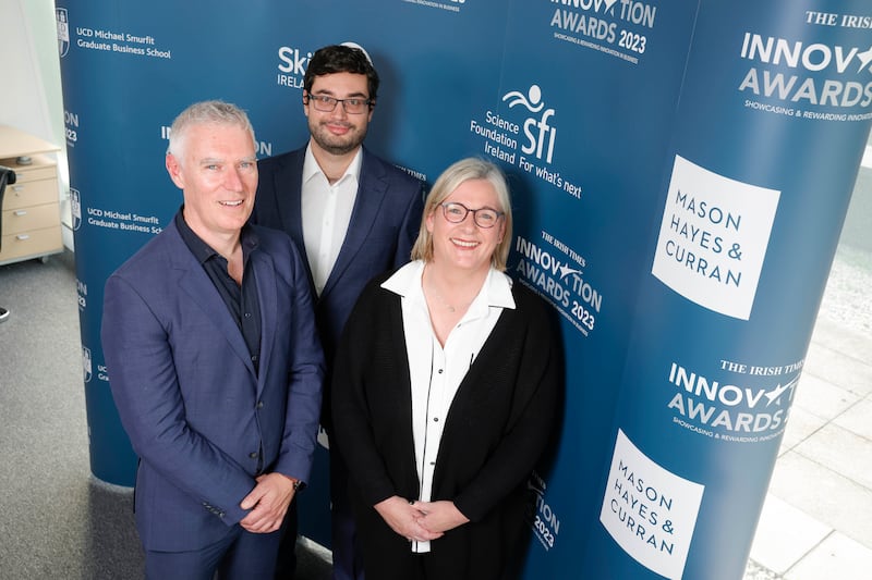 Leo Peyton, Matej Ulicny and Julie Connelly of Ai Map It at The Irish Times Innovation Awards 2023 final judging day. Photograph: Conor McCabe Photography.