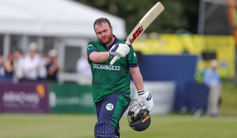 Paul Stirling celebrates his century. Photograph: Ben Whitley/Inpho