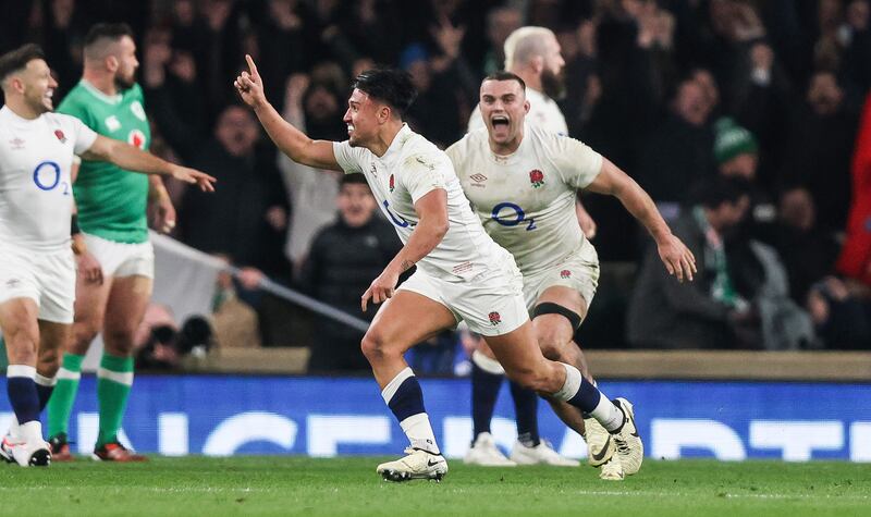 England’s Marcus Smith celebrates kicking a drop goal to beat Ireland at Twickenham in last year's Six Nations. Photograph: Andrew Fosker/Inpho