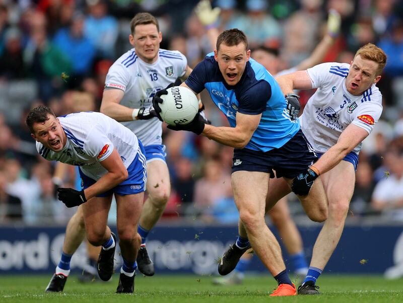 Monaghan’s Ryan Wylie, Conor McManus and Kieran Duffy tackle Con O’Callaghan of Dublin. Photograph: James Crombie/Inpho