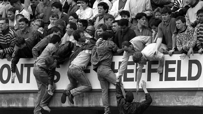 Liverpool fans trying to escape during the 1989 disaster at Hillsborough football stadium, Sheffield. Photograph: David Giles/PA