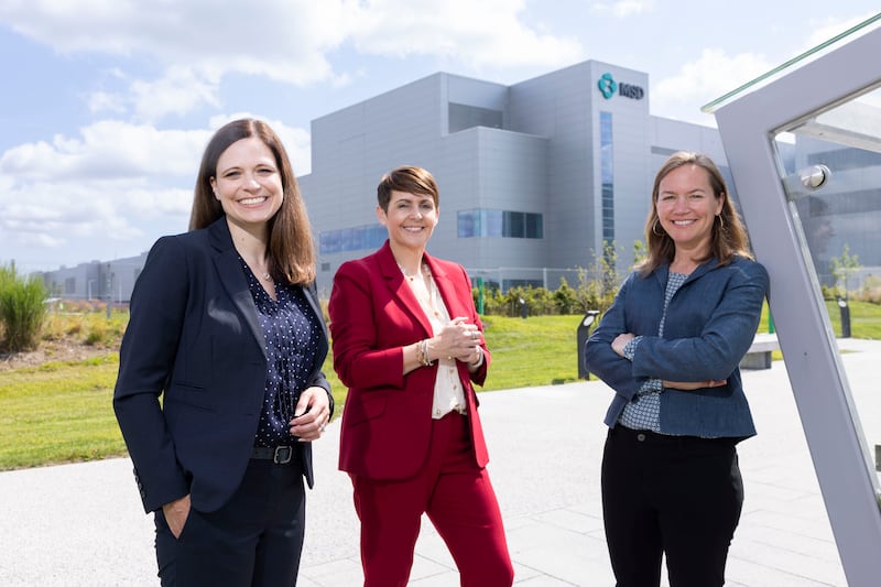 Increased flexibility in the workplace has helped to alleviate some of the challenges for women within Stem careers, says Kacey Fetcho-Phillips, site lead, MSD Biotech, Dublin; Eva Gallagher, site lead, MSD Carlow; and Martha Bomar, site lead at MSD Dunboyne. Photograph: Shane O'Neill/Coalesce




