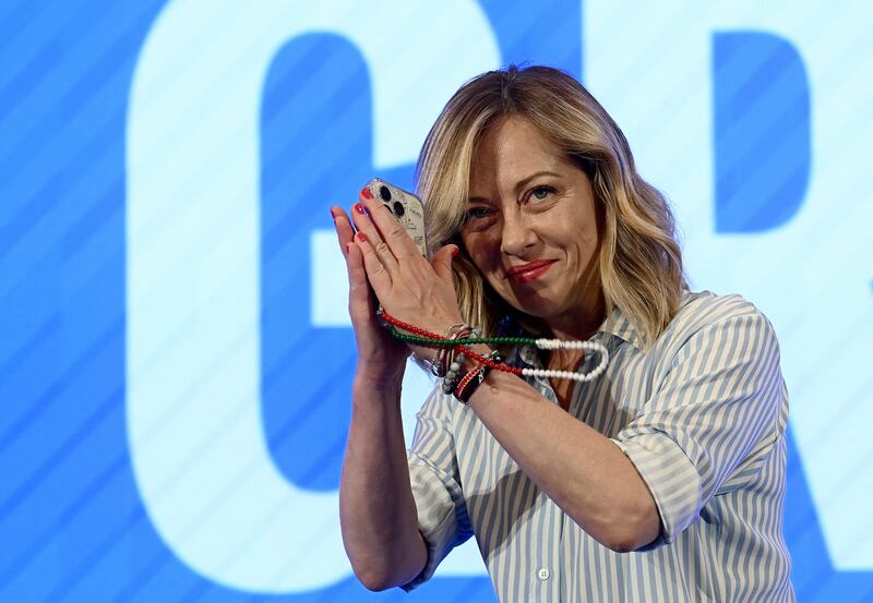 Italy's prime minister and leader of the far-right party Brothers of Italy, Giorgia Meloni, at a press conference following the results of the European Elections in Rome on June 10th. Photograph: Filippo Monteforte/AFP via Getty