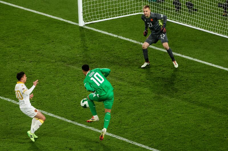 Adam Idah scores Ireland's second goal. Photograph: Bryan Keane/Inpho