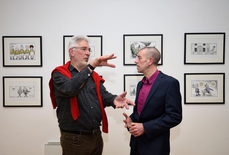 Martyn Turner with historian Diarmuid Ferriter who opened the exhibition. Photograph: Dave Meehan/The Irish Times