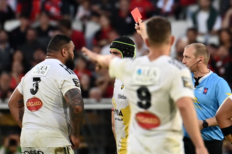 La Rochelle's French prop Uini Atonio is shown the red card by referee Tual Trainini during the French Top14 semi-final defeat to Toulouse in Bordeaux. Photograph: Christophe Archambault/AFP/Getty Images