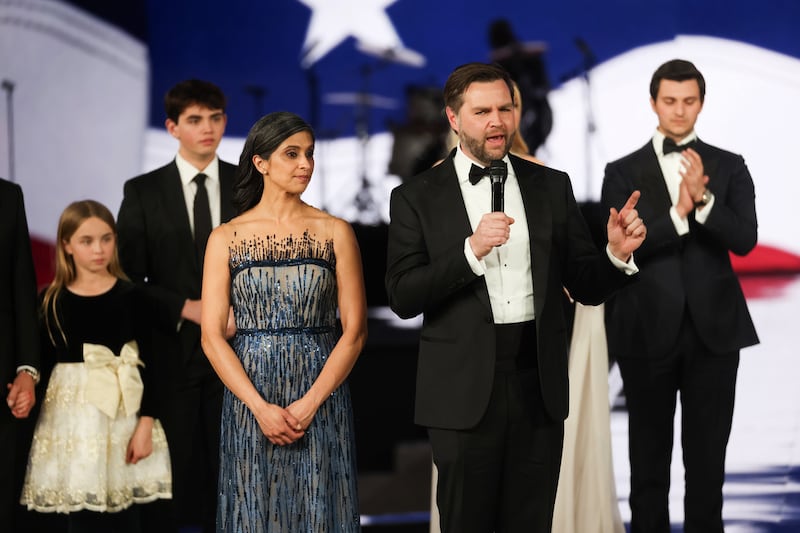 US vice president JD Vance speaks to supporters with his wife Usha Vance by his side at the Liberty Ball. Photograph: Maasni Srivastava/EPA