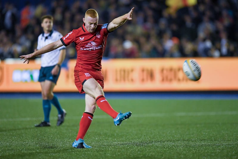 Nathan Doak of Ulster Rugby kicks a conversion. Photograph: Mike Jones/Inpho  