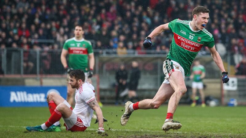 Fionn McDonagh celebrates a goal against Tyrone at Healy Park in Omagh. Photograph: Tommy Dickson/Inpho