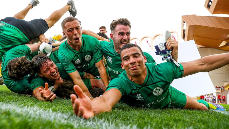 Ireland’s Greg O’Shea, Hugo Lennox, Jack Kelly and Jordan Conroy celebrate qualifying for Tokyo 2020 at the World Rugby Sevens Repechage in Monaco. Photograph: Manuel Blondeau/Inpho