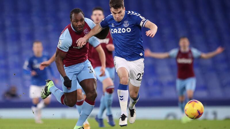 Seamus Coleman battles with Michail Antonio at Goodison Park. Photograph: Alex Pantling/PA