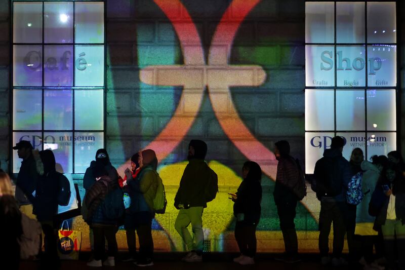 People line up for the Muslim Sisters of Éire soup kitchen at the GPO. Photograph: Chris Maddaloni/The Irish Times