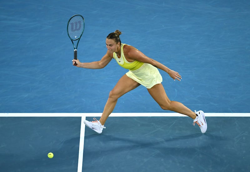 Aryna Sabalenka plays a forehand against Sloane Stephens of the United States in the first round match of the 2025 Australian Open. Photograph: Hannah Peters/Getty Images