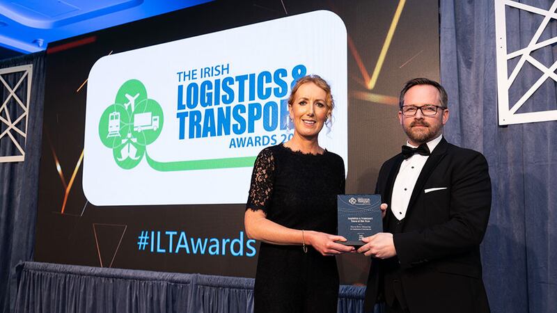 Nessa Devereux, head of transport & logistics, AIB presents the logistics & transport team of the year award to Colin Robb, Derry Bros Shipping & Customs Clearance