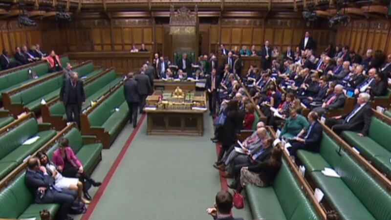 The bulk of Labour MPs (top R)  remain in place after the party announced they would abstain on a vote on an amendment calling for a second Brexit referendum, in the House of Commons. Photograph: Parliamentary Recording Unit/AFP/Getty Images