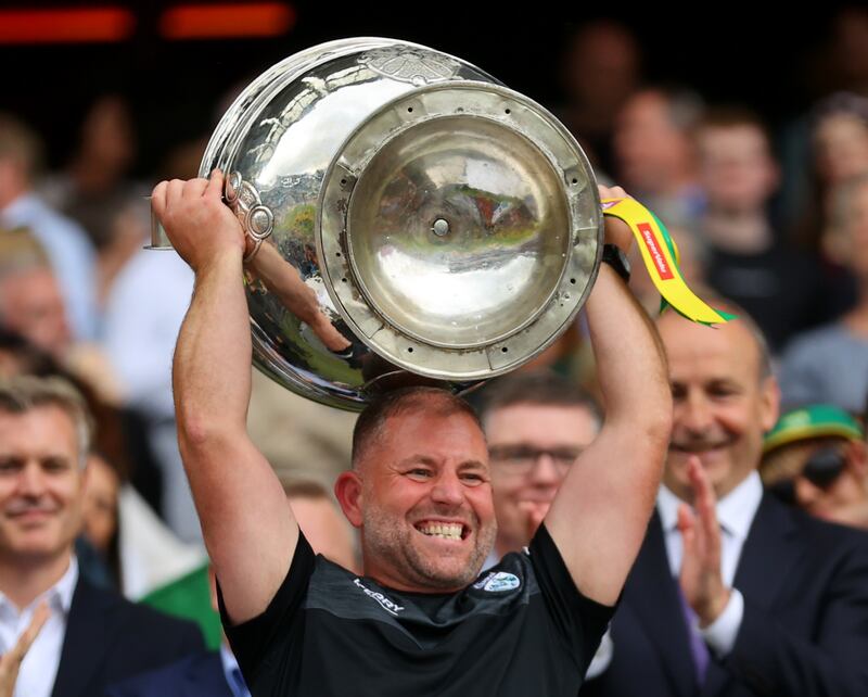 Jason McGahan raises the Sam Maguire following the 2022 All-Ireland final victory over Galway. Photograph: James Crombie/Inpho 