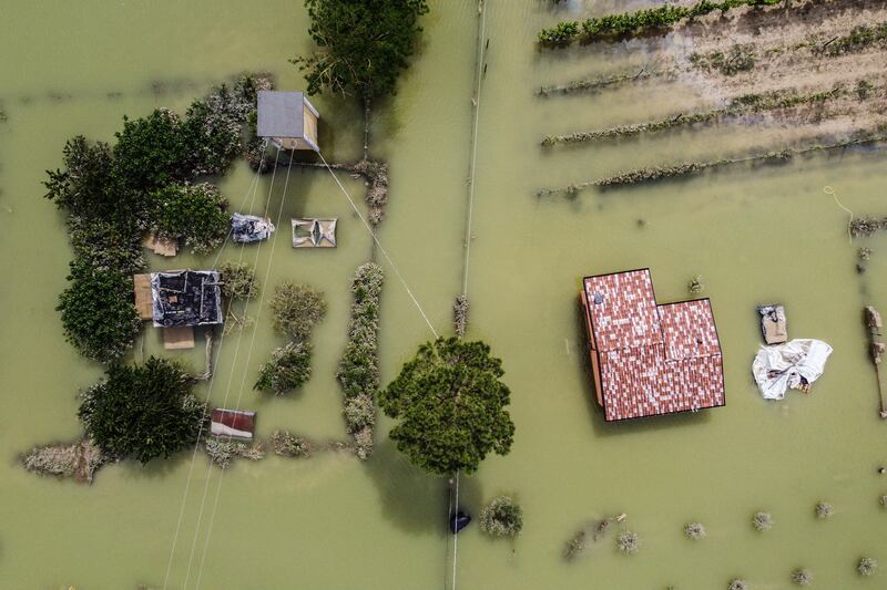 An aerial view of  flooded streets in the town of Cesena, after heavy rains caused flooding across Italy's northern Emilia Romagna region. Photograph: Alessandro Serrano/AFP