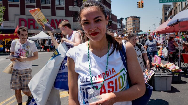 Alexandria Ocasio-Cortez at the Bronx’s pride parade on June 17th: unexpected victory suggests a Democratic establishment removed from its grass roots. Photograph: David Delgado/Reuters