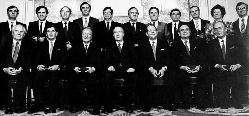 Member of the Fianna Fáil-led government in 1987 which presided over the highest ever pupil-teacher ratio, including Minister for Education Mary O’Rourke (back row), Taoiseach Charles Haughey (front row ) and Minister for Finance  Ray MacSharry (front row). Photograph: Matt Kavanagh