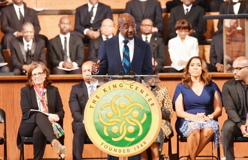 Senator Rev Raphael Warnock made history in 2021 by becoming the first black person elected to the US Senate from the state of Georgia. Photograph: Paras Griffin/Getty Images