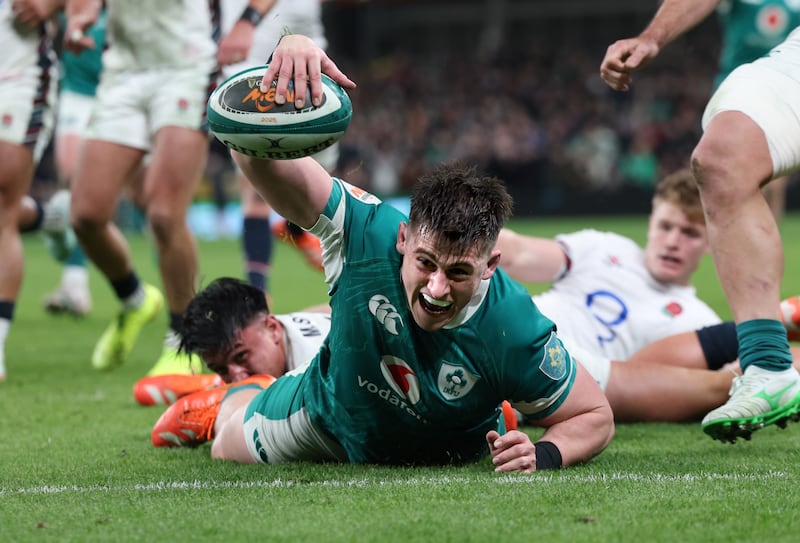 Ireland’s Dan Sheehan scores a try. Photograph: Billy Stickland/Inpho