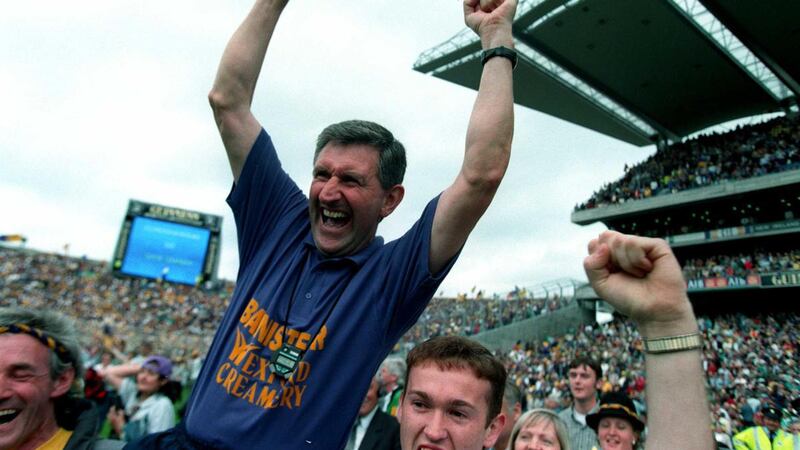 Wexford manager Liam Griffin celebrates the  All-Ireland win in 1996. Photograph: Billy Stickland/Inpho