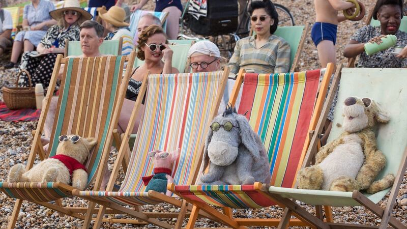 Winnie the Pooh, Piglet, Eeyore and Tigger at the beach in ‘Christopher Robin’