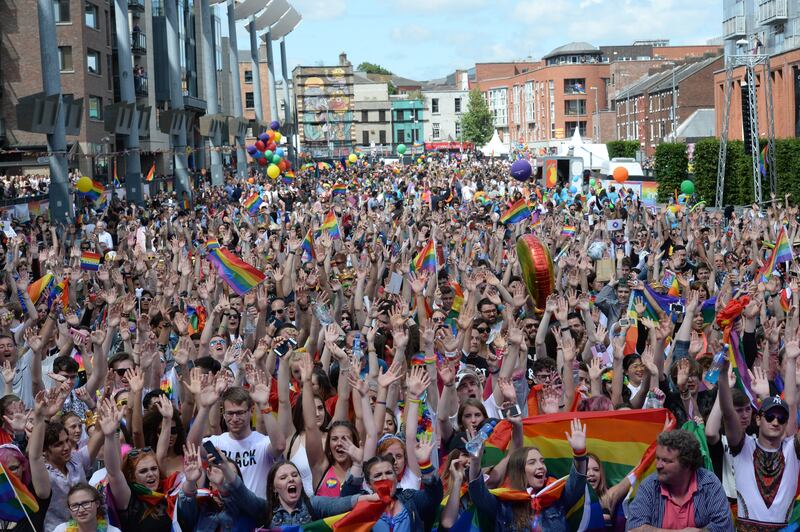 Crowds at the Dublin Pride Parade to Smithfield Square, Dublin.
Photograph: Dara Mac Dónaill
