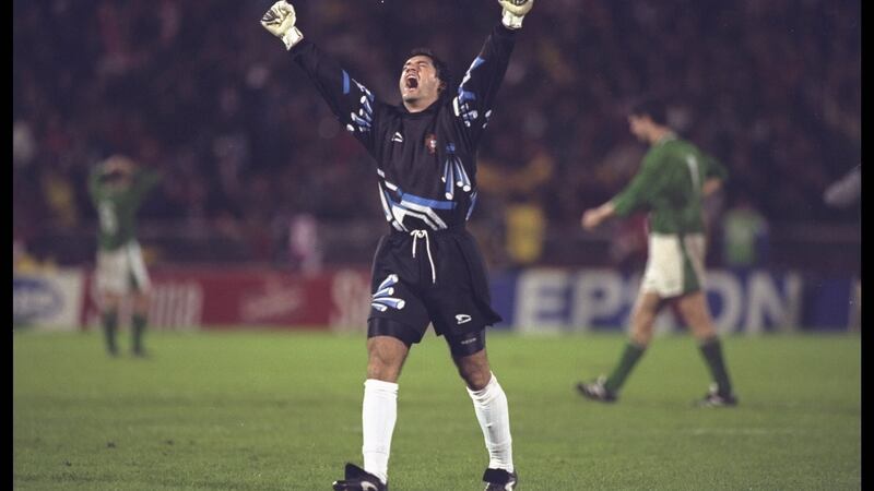 Portugal goalkeeper Victor Baia celebrates the win over the Republic of Ireland at Estadio da Luz in Lisbon in November 1995.