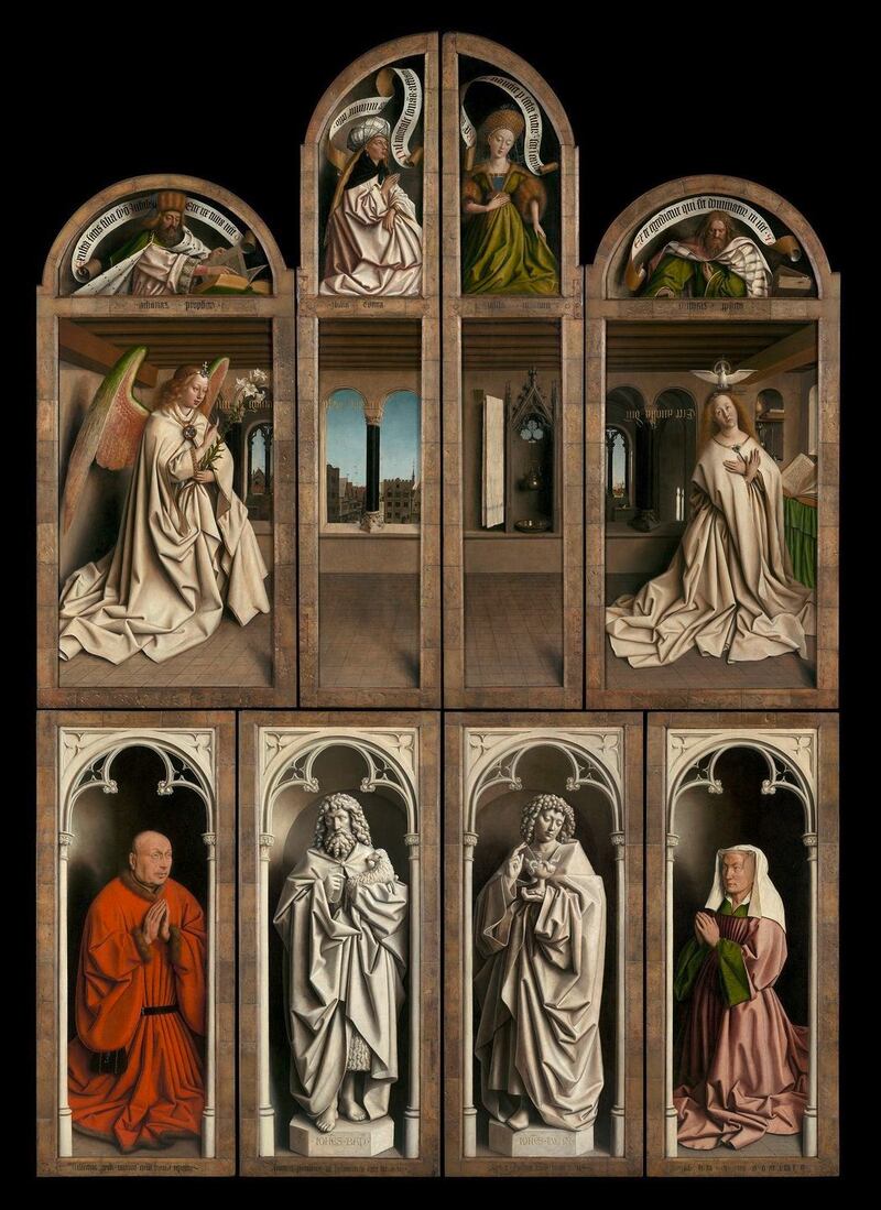 Outer panels of the closed Ghent Altarpiece by Van Eyck, 1432, Saint Bavo’s Cathedral, Ghent