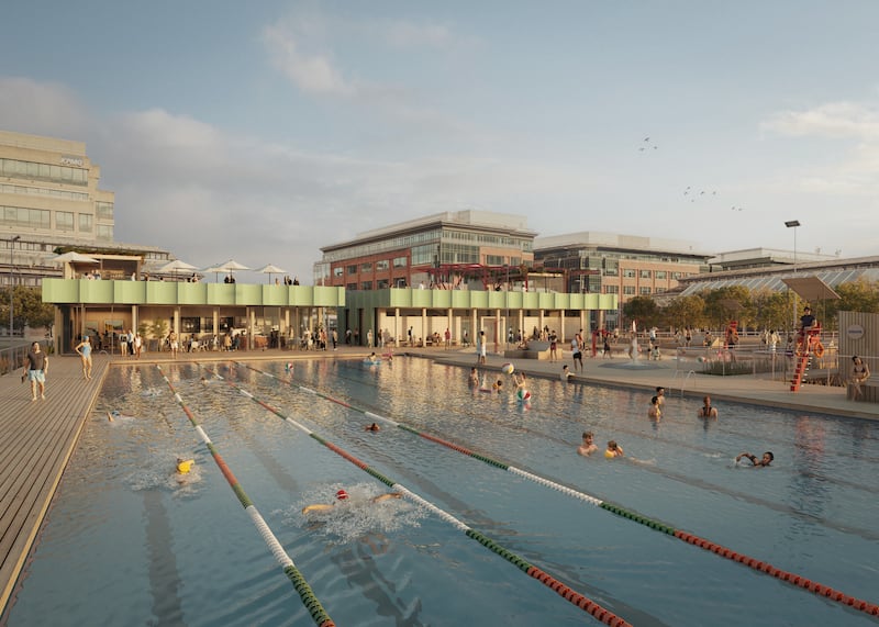 The Dublin City Lido campaign's conceptual images include water gardens with public seating, restored dock walls, community function room, a cafe and viewing gallery