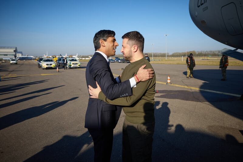 British prime minister Rishi Sunak welcomes Ukraine's president, Volodymyr Zelenskiy, at Stansted Airport ahead of their meeting at 10 Downing Street on Wednesday. Photograph: Ukrainian presidential press office/PA