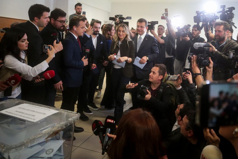 Istanbul mayor Ekrem Imamoglu and his wife Dilek at a polling station during the election. Photograph: Huseyin Yavuz/Dia Images via AP