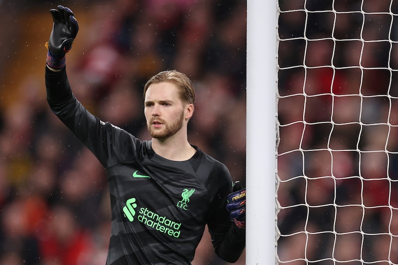 Caoimhín Kelleher: will make his 50th appearance for Liverpool as he continues in goal in the absence of regular No 1 Allison. Photograph: Jan Kruger/Getty Images