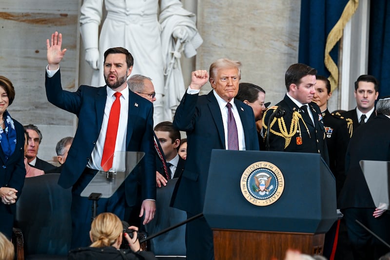 US president Donald Trump and vice-president JD Vance after Monday's inauguration ceremony. Photograph: Kenny Holston/The New York Times
                      