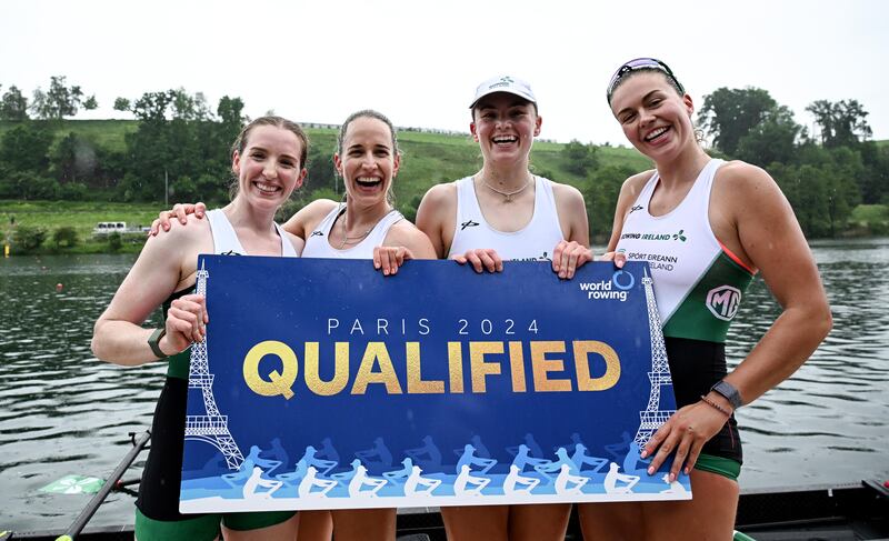 Ireland’s Emily Hegarty, Natalie Long, Imogen Magner and Eimear Lambe celebrate qualifying for the Olympic Games. Photograph: Detlev Seyb/Inpho