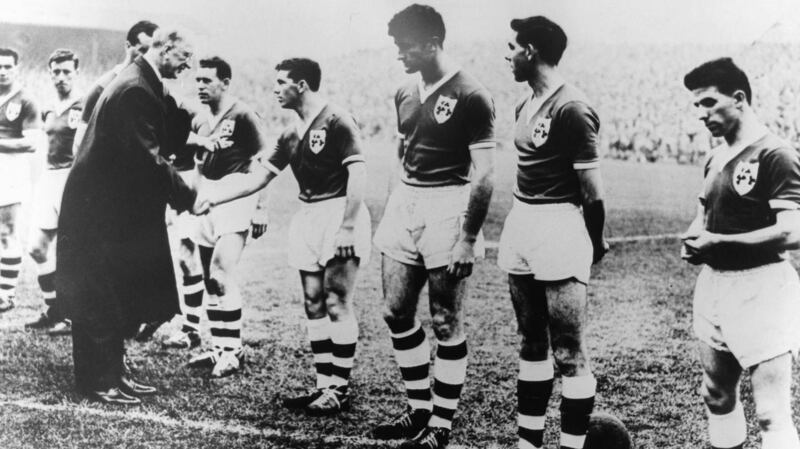 John Giles meeting President Eamon de Valera at his first international match against Sweden in November 1959