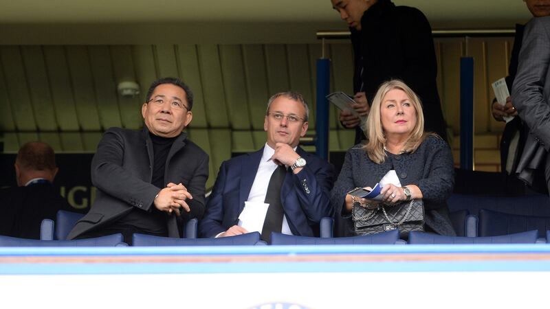 Leicester City chairman Vichai Srivaddhanaprabha with director of football Jon Rudkin and chief executive Susan Whelan  in 2016. Photograph: Plumb Images/Leicester City FC via Getty Images