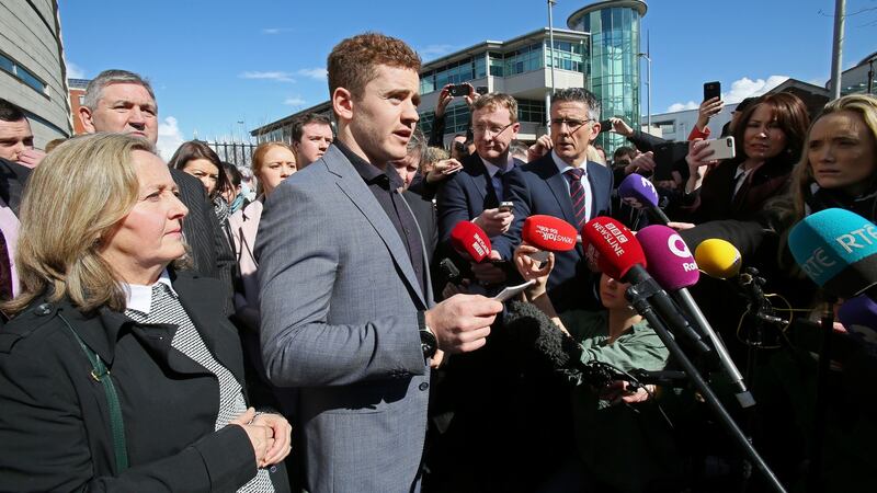 Paddy Jackson makes a statement to the media after being found not guilty or rape  on March 29th, 2018. Photograph:  Paul Faith/AFP via Getty Images