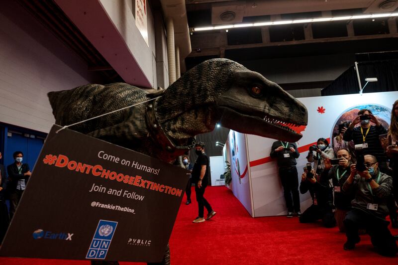 Frankie the Dinosaur, the United Nations Development Programme's special guest, makes a media appearance at the COP15 conference in Montreal, Canada. Photograph: Andrej Ivanov/AFP/Getty 