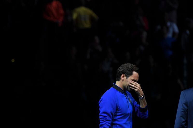 Roger Federer cries during his last match as a member of the Europe team in the Laver Cup. Photograph: James Hill/The New York Times