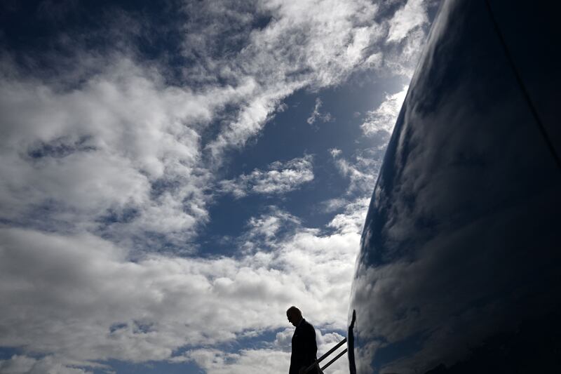 US President Joe Biden disembarks from an aircraft after landing at Ireland West airport, on April 14, 2023, on the last day of a four day trip to Northern Ireland and Ireland. (Photo by Jim WATSON / AFP) (Photo by JIM WATSON/AFP via Getty Images)