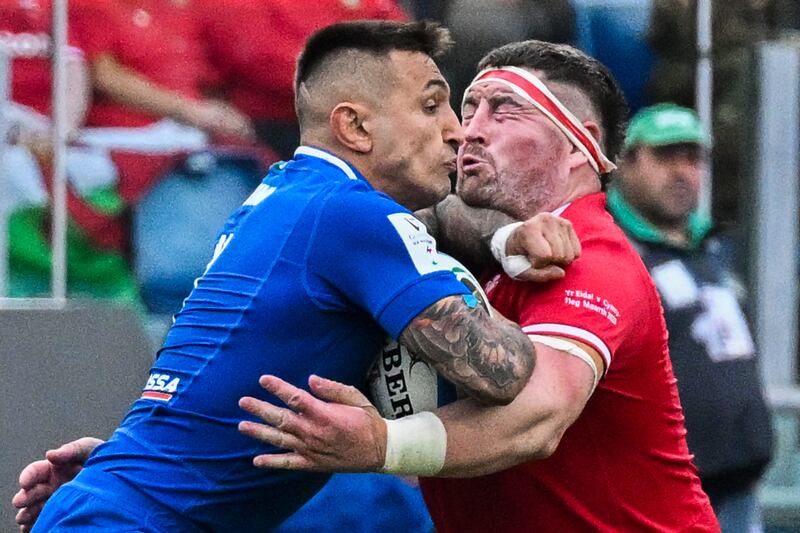 When Pierre Bruno bashed his forearm into prop Wyn Jones’ throat, we had a real moment of ‘I used to be indecisive, now I’m not so surre now' from the hesitant referee. It should have been a red. Photograph: Tiziana Fabi/AFP via Getty Images