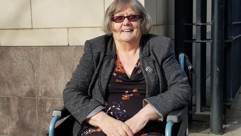 Eilish Meehan after giving evidence to the Ballymurphy inquest, at Belfast Coroner’s Court. Photograph: Rebecca Black/PA Wire