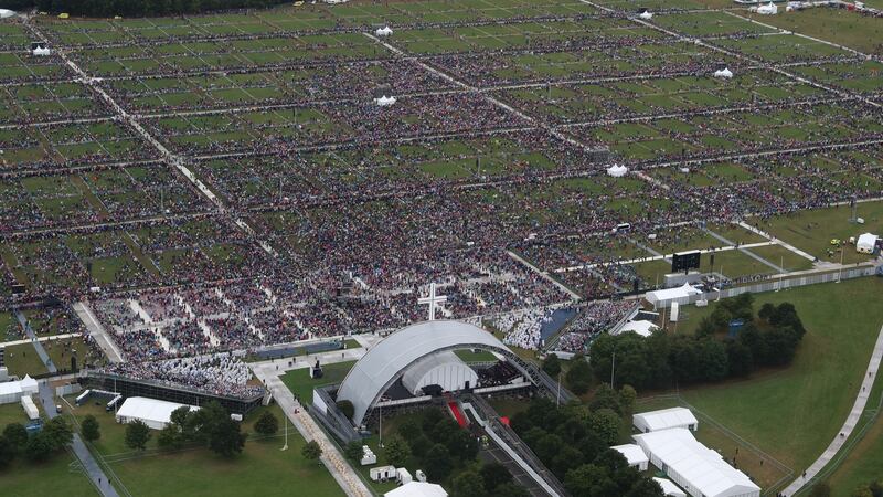 An aerial view of the crowd at Phoenix Park as Pope Francis attends the closing Mass at the World Meeting of Families, as part of his visit to Ireland, on Sunday. Photograph: Getty