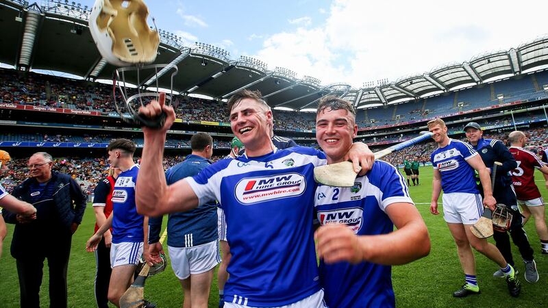 Laois’ Ryan Mullaney celebrates with Lee Cleere after winning the Joe McDonagh Cup in 2019. Photograph: Tommy Dickson/Inpho