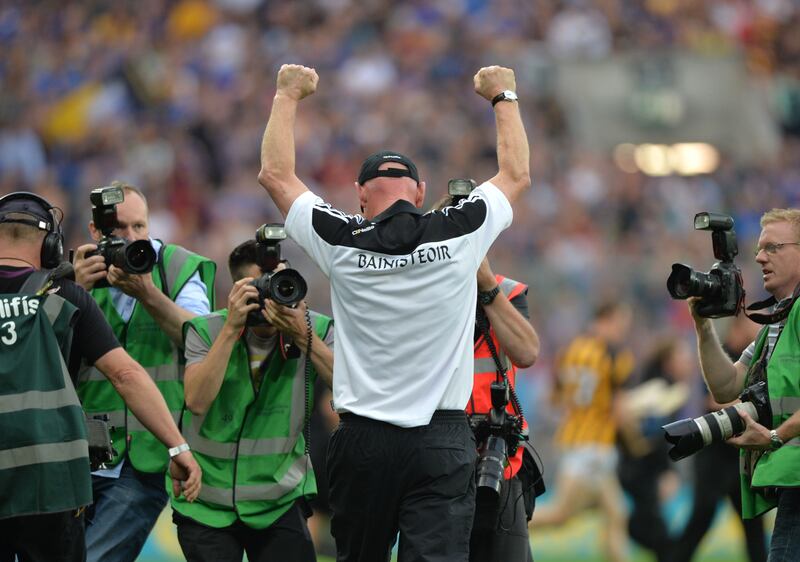 Brian Cody celebrates victory over Tipperary in the 2014 All-Ireland final replay at Croke Park. Even in defeat, Cody hurling teams do not get blown away. They do not crumble. It has been an article of faith. Photograph: Alan Betson 